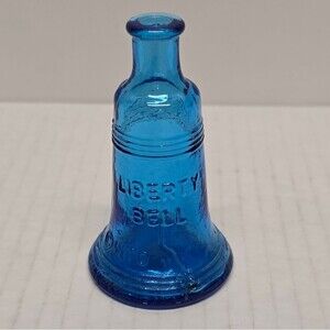 Vintage Wheaton Blue Glass Liberty Bell Bottle 3"